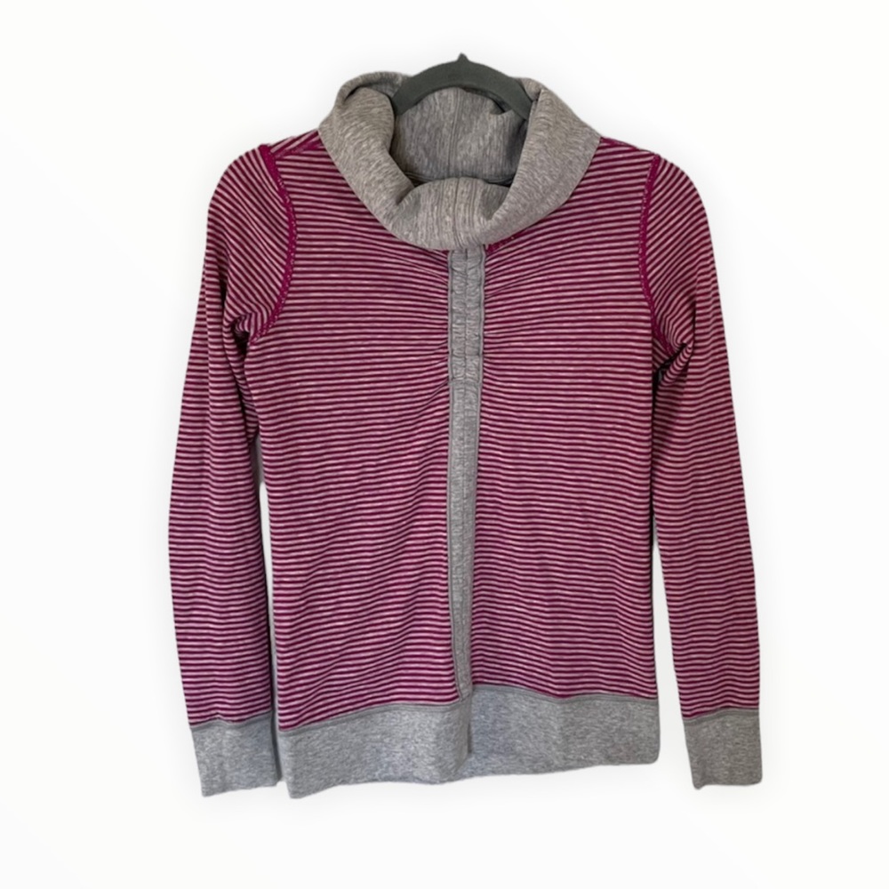 Lululemon in a cinch reversible stripe purple gray sweater long sleeve cowl neck